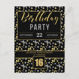 16th Birthday Confetti in Black and Gold Invitation Postcard