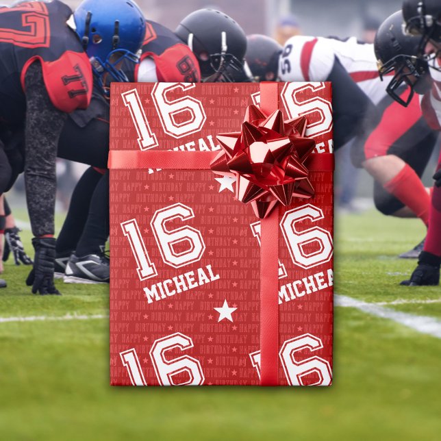 16th Birthday Custom Name Typography Varsity Red Wrapping Paper (Creator Uploaded)