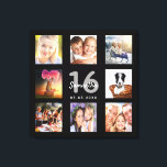 16th birthday custom photo collage black monogram canvas print<br><div class="desc">A unique 16th birthday gift or keepsake, celebrating her life with a collage of 8 of your photos. Add images of her family, friends, pets, hobbies or dream travel destination. Personalise and add a name, age 16 and a date. Grey and white coloured letters. A chic black background. This canvas...</div>