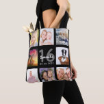 16th birthday custom photo collage girl black tote bag<br><div class="desc">A unique gift for a girl's Sweet 16, 16th birthday, celebrating her life with a collage of 8 of your own photos, pictures. Personalise and add her name, age 16 and a date. A chic black background. Grey and white letters and numbers. The name is written with a modern hand...</div>