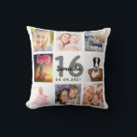 16th birthday custom photo collage girl white cushion<br><div class="desc">A unique gift for a girl's Sweet 16, 16th birthday, celebrating her life with a collage of 8 of your own photos, pictures. Personalise and add her name, age 16 and a date. A chic white background. Grey and black letters and numbers. The name is written with a modern hand...</div>