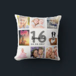 16th birthday custom photo collage girl white cushion<br><div class="desc">A unique gift for a girl's Sweet 16, 16th birthday, celebrating her life with a collage of 8 of your own photos, pictures. Personalise and add her name, age 16 and a date. A chic white background. Grey and black letters and numbers. The name is written with a modern hand...</div>