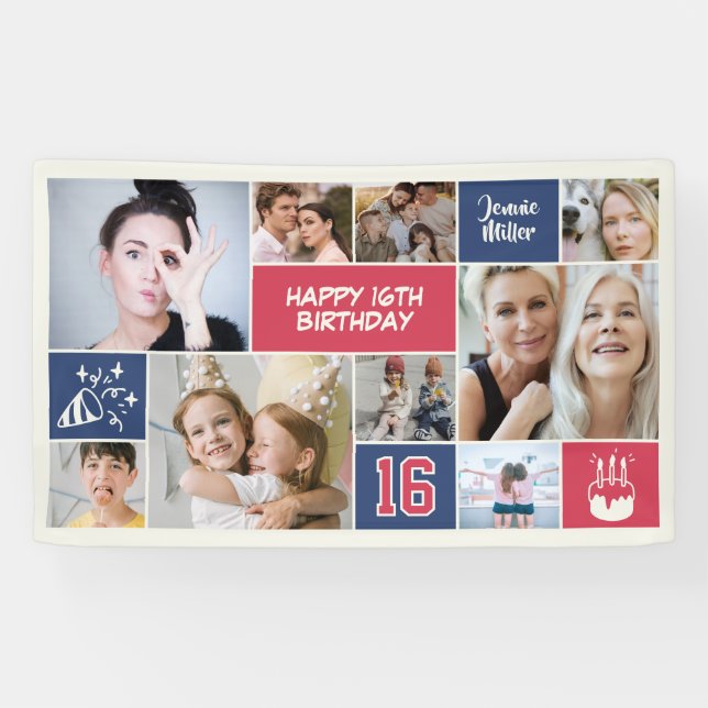 16th Birthday Custom Photo Collage Red Blue Banner (Horizontal)