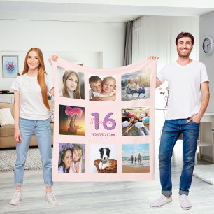 16th birthday custom photo collage rose gold pink fleece blanket