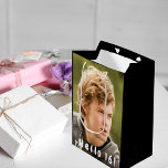 16th birthday custom photo hello 16 boy medium gift bag<br><div class="desc">Template for Your photo.  White text overlay: Hello 16!  A gift bag for a 16th birthday party for him.  Black bacground colour.</div>