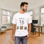 16th birthday custom photo monogram boy T-Shirt<br><div class="desc">For a 16th birthday as a gift or for the party. A collage of 3 of your photos of himself friends,  family,  interest or pets.  Personalise and add his name,  age 16 and a date.  Date of birth or the date of the birthday party.  Grey and black coloured text.</div>