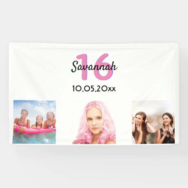16th birthday custom photo pink monogram girl banner (Horizontal)