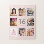 16th birthday custom photo rose gold blush pink jigsaw puzzle<br><div class="desc">A unique 16th birthday gift or keepsake, celebrating her life with a collage of 8 of your photos. Add images of her family, friends, pets, hobbies or dream travel destination. Personalize and add a name, age 16 and a date. Gray and dark rose gold colored letters. Elegant and trendy blush...</div>