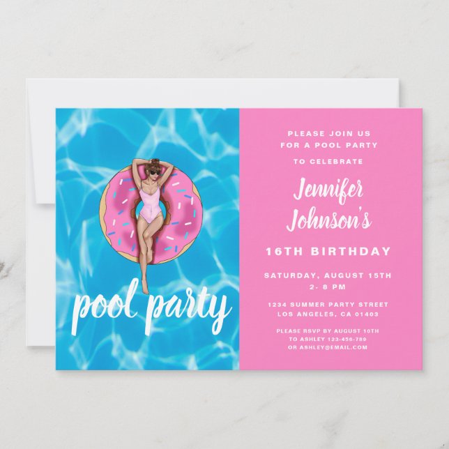16th Birthday Cute Pink Doughnut Summer Pool Party Invitation (Front)