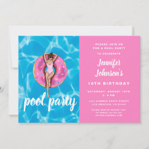 16th Birthday Cute Pink Doughnut Summer Pool Party Invitation