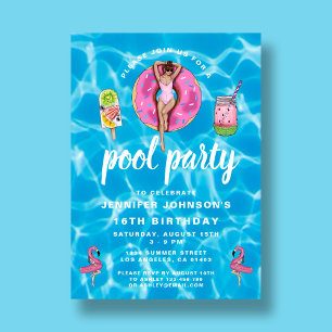 16th Birthday Cute Pink Summer Pool Party  Invitation