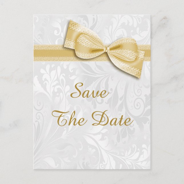 16th Birthday Damask and Faux Bow Save The Date Announcement Postcard (Front)