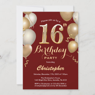 16th Birthday Dark Red and Gold Balloons Confetti Invitation