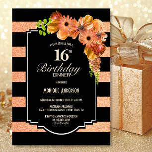 16th Birthday Dinner Striped Coral Floral Party Invitation