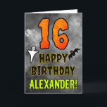 16th Birthday: Eerie Halloween Theme   Custom Name Card<br><div class="desc">The front of this scary and spooky Hallowe’en themed birthday greeting card design features a large number “16”. It also features the message “HAPPY BIRTHDAY, ”, plus a personalised name. There are also depictions of a ghost and a bat on the front. The inside features a personalised birthday greeting message,...</div>
