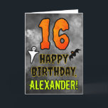 16th Birthday: Eerie Halloween Theme   Custom Name Card<br><div class="desc">The front of this scary and spooky Hallowe’en themed birthday greeting card design features a large number “16”. It also features the message “HAPPY BIRTHDAY, ”, plus a personalised name. There are also depictions of a ghost and a bat on the front. The inside features a personalised birthday greeting message,...</div>