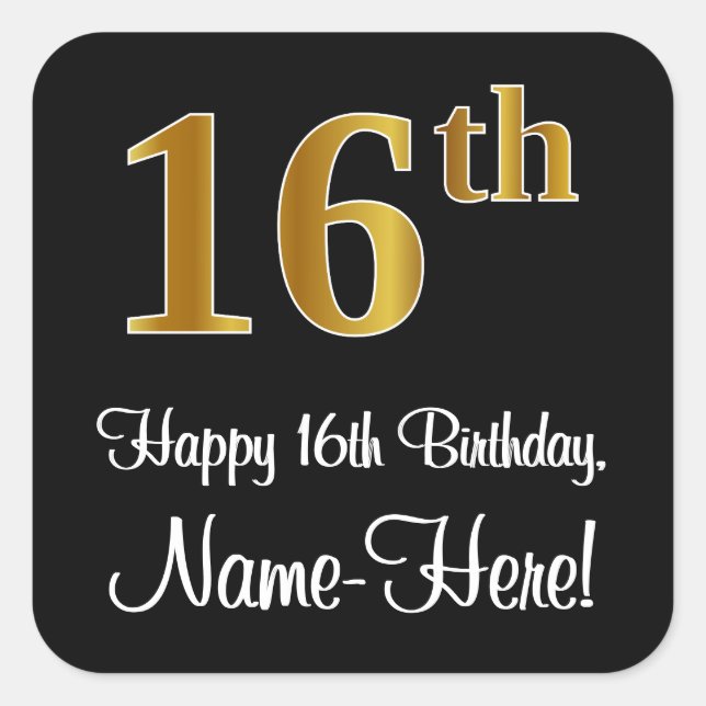 16th Birthday – Elegant Luxurious Faux Gold Look # Square Sticker (Front)