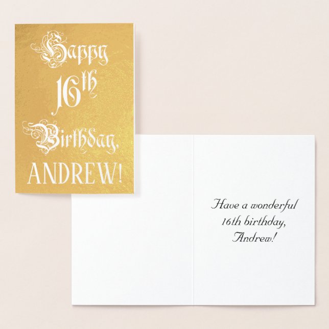 16th Birthday: Elegant, Ornate Script; Custom Name Foil Card (Display)