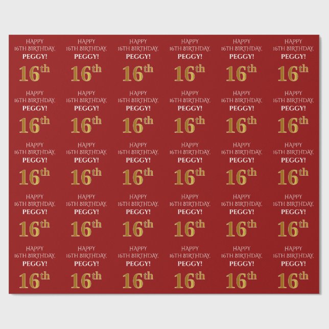 16th Birthday: Elegant, Red, Faux Gold Look Wrapping Paper (Flat)