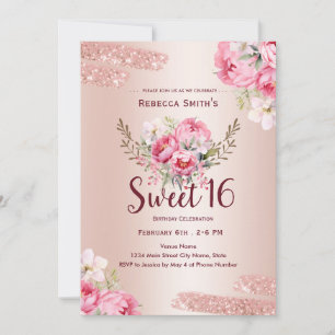 16th Birthday Elegant Rose Gold Floral Invitation