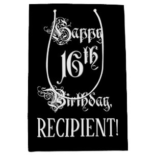 16th Birthday: Fancy, Elegant Script + Custom Name Medium Gift Bag