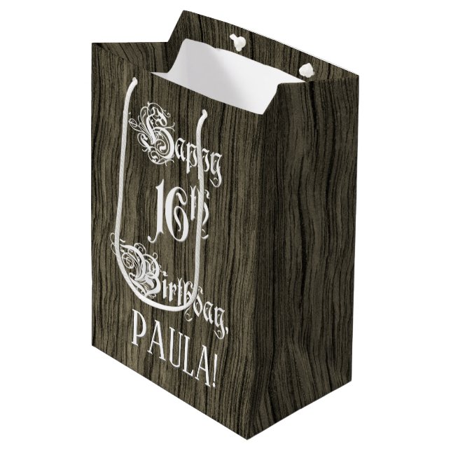 16th Birthday: Fancy, Faux Wood Look + Custom Name Medium Gift Bag (Front Angled)
