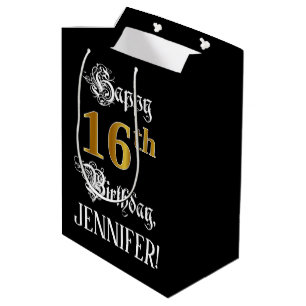 16th Birthday ~ Fancy Script; Faux Gold Look; Name Medium Gift Bag