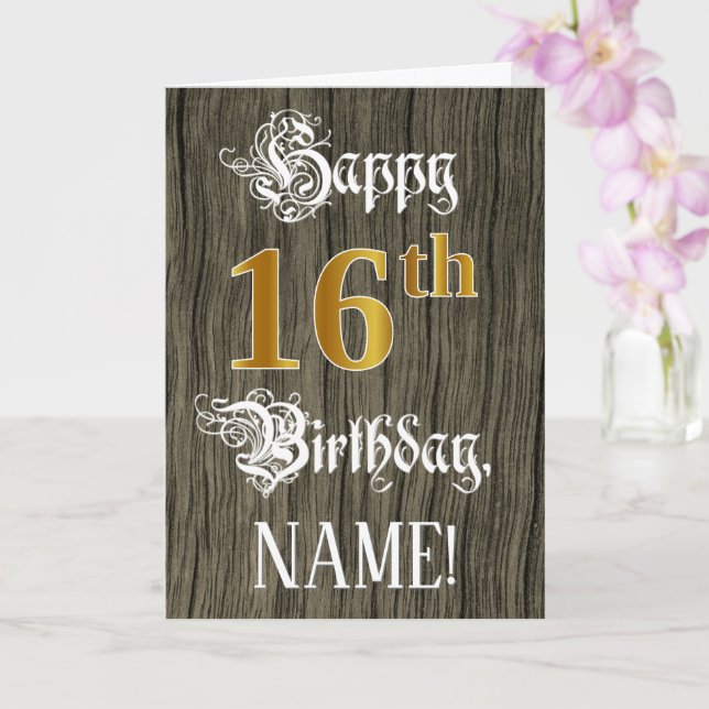 16th Birthday: Faux Gold Look + Faux Wood Pattern Card (Orchid)
