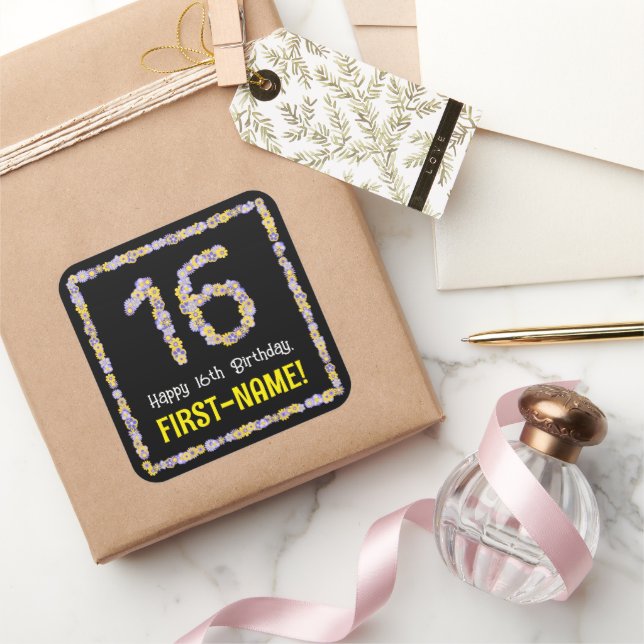 16th Birthday: Floral Flowers Number, Custom Name Square Sticker (Gifting)