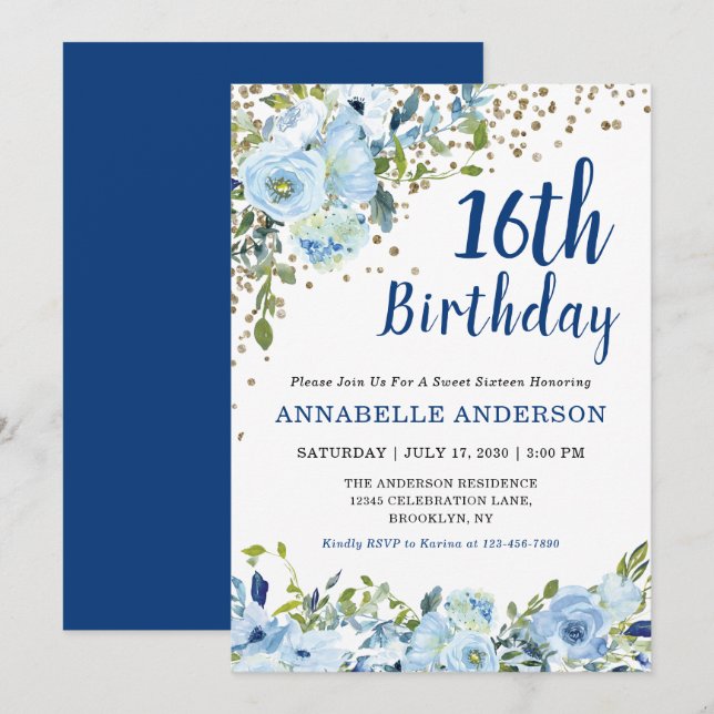 16th Birthday Floral Navy Blue Gold Confetti Girly Invitation (Front/Back)