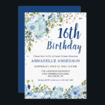 16th Birthday Floral Navy Blue Gold Confetti Girly Invitation<br><div class="desc">16th Birthday Sweet Sixteen Blue Floral Watercolor Gold Confetti Invitation
The design features beautiful watercolor light blue and green florals.</div>