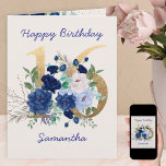 16th Birthday Floral Number 16 Personalised Card<br><div class="desc">Personalised 16th Birthday Card with floral number 16. The design has a gold number 16 decorated with royal blue and ivory roses,  foliage and eucalyptus leaves. The template is set up for you to personalise the front and the message inside.</div>