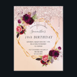 16th Birthday florals rose gold glitter invitation Postcard<br><div class="desc">On front: An invitation for a Sweet 16, 16th birthday party. A rose gold, blush pink coloured ombre background with a faux gold geometric frame. Decorated with dark purple and burgundy flowers, roses and boho style feathers. Faux rose gold glitter drips. Templates for a name and party details. The name...</div>