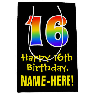16th Birthday: Fun, Bold, Colourful, Rainbow "16" Medium Gift Bag