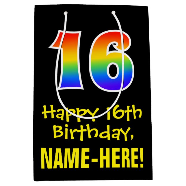 16th Birthday: Fun, Bold, Colourful, Rainbow "16" Medium Gift Bag (Front)