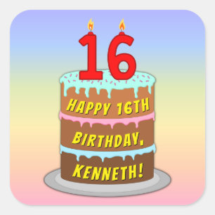 16th Birthday: Fun Cake and Candles + Custom Name Square Sticker