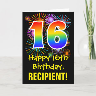 16th Birthday: Fun Fireworks Pattern + Rainbow 16 Card