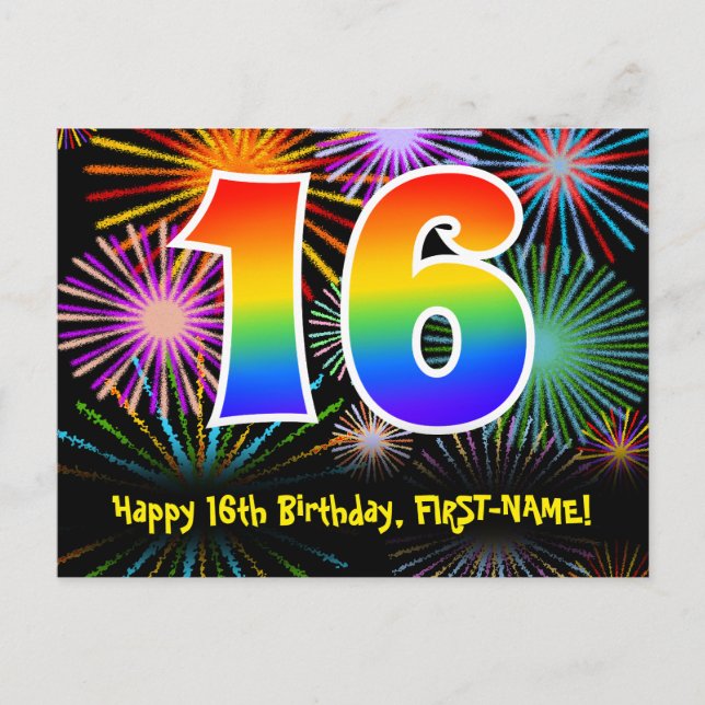 16th Birthday – Fun Fireworks Pattern + Rainbow 16 Postcard (Front)