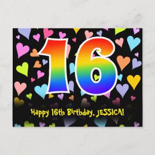 16th Birthday: Fun Hearts Pattern, Rainbow 16 Postcard