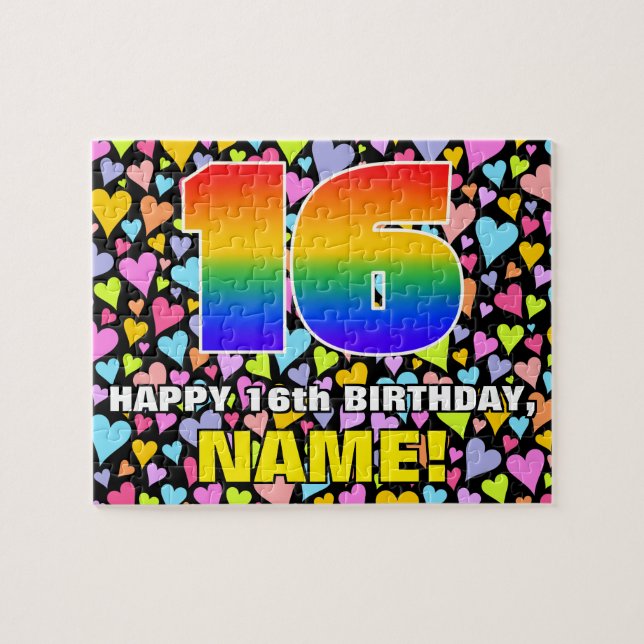 16th Birthday — Fun, Loving Heart Shapes + “16” Jigsaw Puzzle (Horizontal)