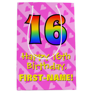 16th Birthday: Fun Pink Hearts Stripes; Rainbow 16 Medium Gift Bag