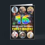16th Birthday: Fun Rainbow #, Custom Name & Photos Card<br><div class="desc">The front of this cheerful and upbeat birthday greeting card design features a large number “16“ with a colourful rainbow spectrum inspired gradient pattern, along with the message “HAPPY 16th BIRTHDAY, ” and a customisable name, on a pattern inspired by bursting multicolored fireworks. At the top and the bottom of...</div>