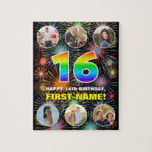 16th Birthday: Fun Rainbow #, Custom Name + Photos Jigsaw Puzzle