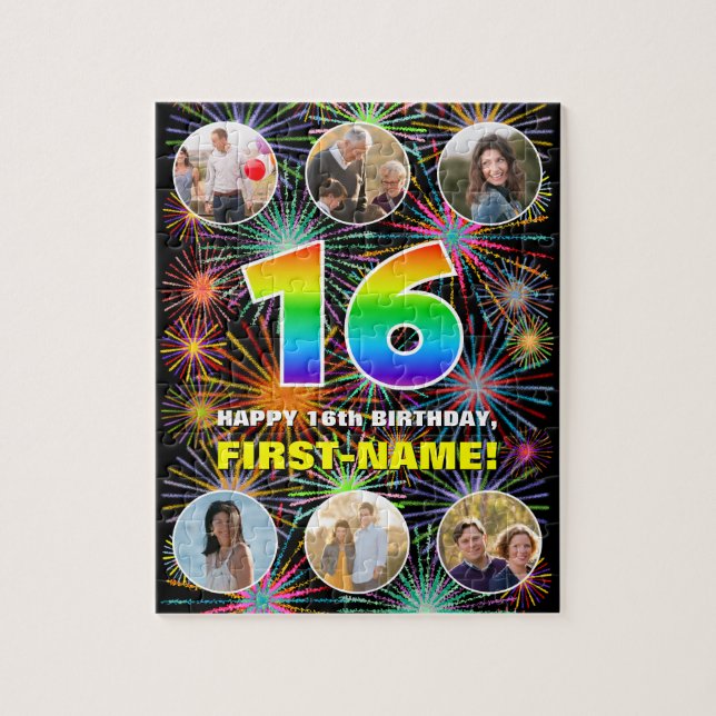 16th Birthday: Fun Rainbow #, Custom Name + Photos Jigsaw Puzzle (Vertical)