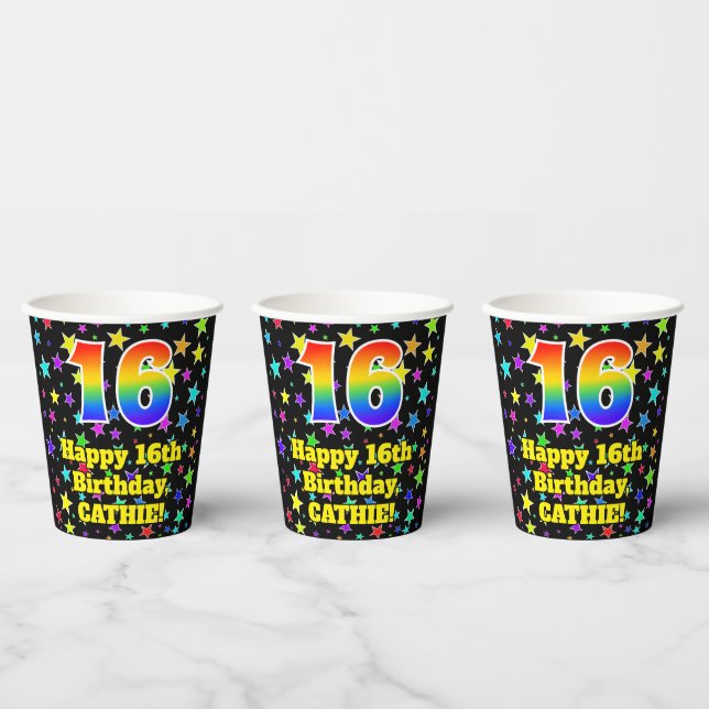 16th Birthday: Fun Stars Pattern and Rainbow 16 Paper Cups (Multi)