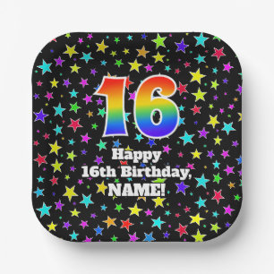 16th Birthday: Fun Stars Pattern and Rainbow “16 Paper Plate