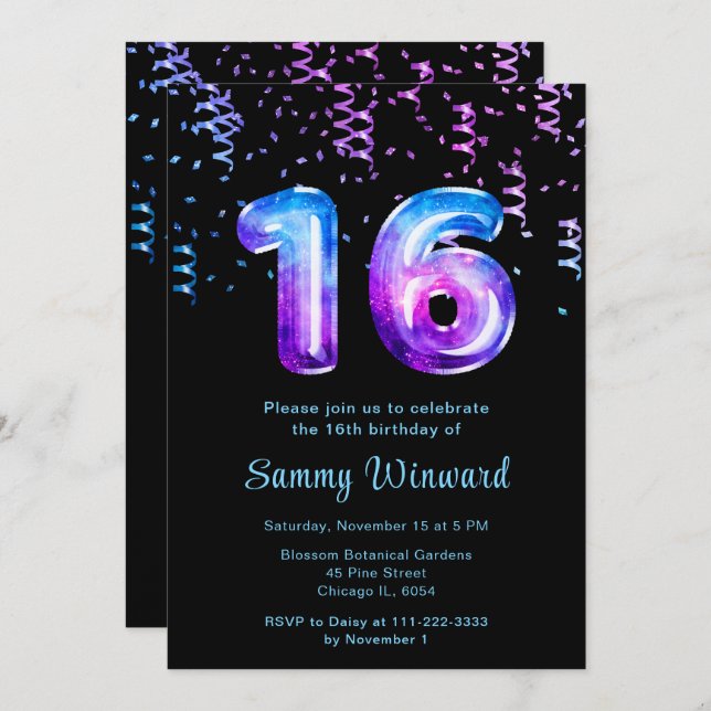 16th Birthday Galaxy Balloons with Confetti Invitation (Front/Back)