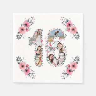 16th Birthday Girl Flower Photo Collage White Napkin