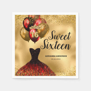 16th Birthday Glam Gold Red Glitter Sweet 16 Napkin