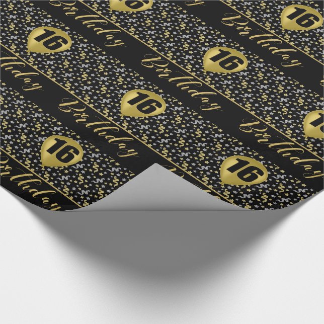 16th Birthday Gold Balloon on Black with Confetti Wrapping Paper (Corner)